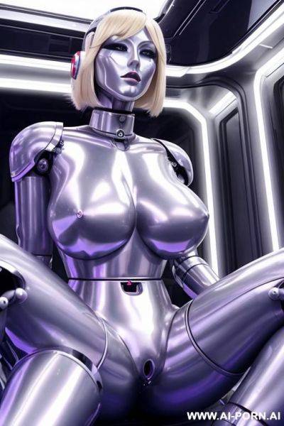 Blonde robot, (fully silver metallic body, huge robotic tits, damaged silicone face), sitting in a spaceship - ai-porn.ai on pornsimulated.com