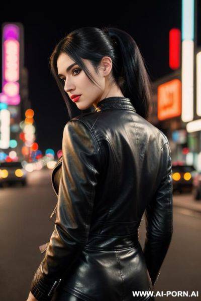 Leather jacket, city street at night , high ponytail , full body view from behind far away, neon city lights - ai-porn.ai on pornsimulated.com