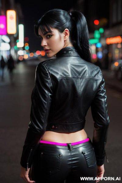Leather jacket, city street at night , high ponytail , full body view from behind, neon city lights - ai-porn.ai on pornsimulated.com
