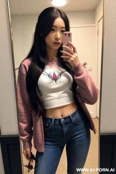Woman, long hair, pink sweatshirt, jeans, narrow thighs, selfie photo in the mirror - ai-porn.ai on pornsimulated.com