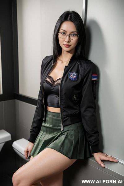 1 milf, fitness body, vascular, vascular arms, veiny arms, detail, looking at viewer, deep cut crop top, yoga pants, indoor, black hair, glasses, rubbing penis with oil. - ai-porn.ai on pornsimulated.com