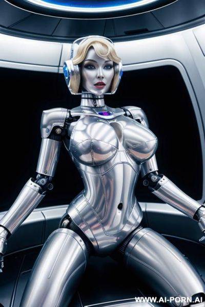 Blonde robot, (fully silver metallic body, huge robotic tits), spreading legs in a spaceship - ai-porn.ai on pornsimulated.com