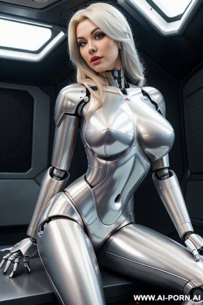 Blonde robot, (fully silver metallic body, huge robotic tits, silicone face), sitting in a spaceship - ai-porn.ai on pornsimulated.com