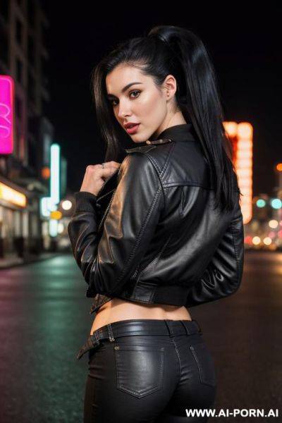 Leather jacket, city street at night , high ponytail , full body view from behind very far away, neon city lights, opening jacket and starting to take it off, undressing - ai-porn.ai on pornsimulated.com