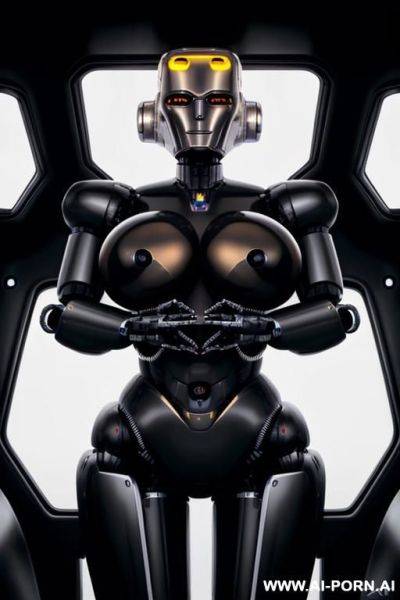 Blonde robot, (fully black metallic body, huge robotic tits:1.3), spreading legs in a spaceship - ai-porn.ai on pornsimulated.com