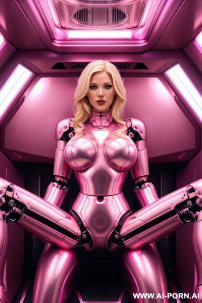 Blonde robot, (fully pink metallic body, huge robotic tits), spreading legs in a spaceship - ai-porn.ai on pornsimulated.com