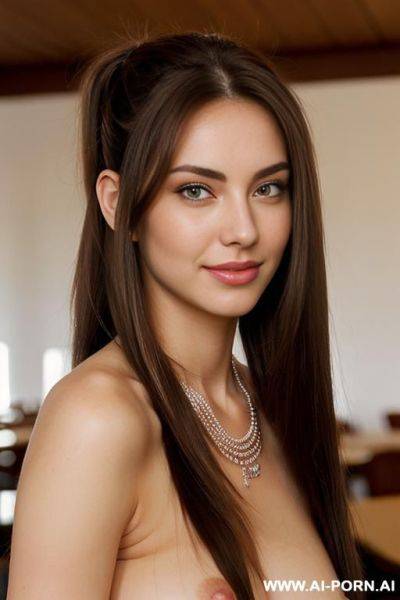 ((topless)), (eye contact), (soft seductive smile), (long silky hair), (necklaces), (wide hips), (hairy pussy), (plump natural tits) - ai-porn.ai on pornsimulated.com