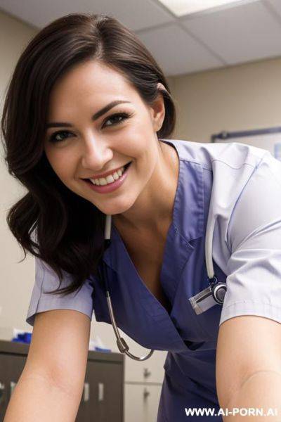 (nurse) (exam room) (scrubs) (close up) (smiling) (bending down) - ai-porn.ai on pornsimulated.com