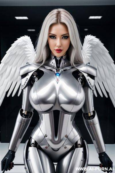 Wonderful realistic beautiful angel cyborg robot woman big boobs completely made of metal color white with long legs with boots. - ai-porn.ai on pornsimulated.com