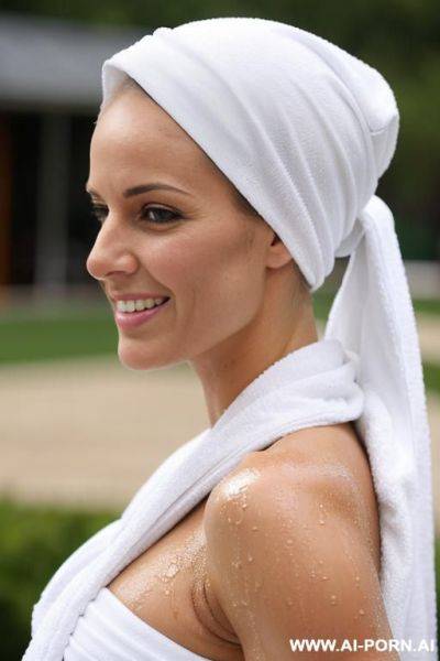 Side view of wet, busty, blonde athlete, stepping out of showing, holding her hands above her head, her hair wrapped in a white towel, smiling seductively. - ai-porn.ai on pornsimulated.com