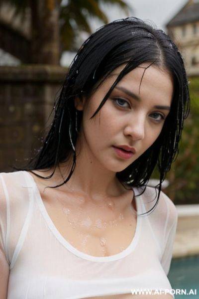 (wet british woman with white top) blue eye black hair (sexy look in her eyes) - ai-porn.ai - Britain on pornsimulated.com