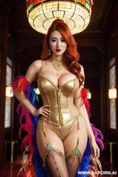 Chinese, rainbow feather studed bright diamond transparent corset，feather tutu skirt， mesh robe， rainbow sequin bra ,necklace，rainbow large pointed thigh-high boots - ai-porn.ai - China on pornsimulated.com