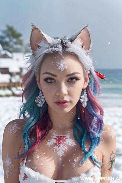 Face, sexy, beautiful, ((face painting)), ((bikini as seashell)), ((tattoo roses)), ((eyes shw)), ((angel wings)), ((rainbow hair)), ((long bu hair)), ((wind)), (( cat face)), (( cat ears)), (((feather - ai-porn.ai on pornsimulated.com