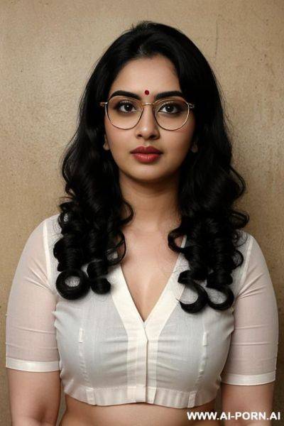 Pale skin, cute, beautiful, indian woman, navel, round glasses, chubby, saree, background ((wall) - ai-porn.ai - India on pornsimulated.com