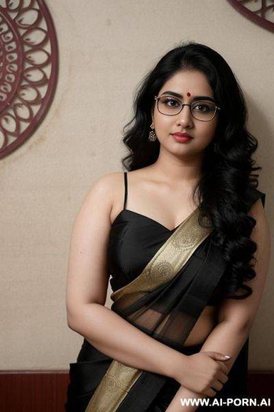 Pale skin, cute, beautiful, indian woman, round glasses, chubby, saree, background ((wall)) - ai-porn.ai - India on pornsimulated.com