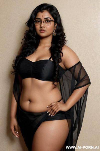 Skin, , beautiful, indian woman, navel, round glasses, chubby, saree reveal, background ((wall) - ai-porn.ai - India on pornsimulated.com