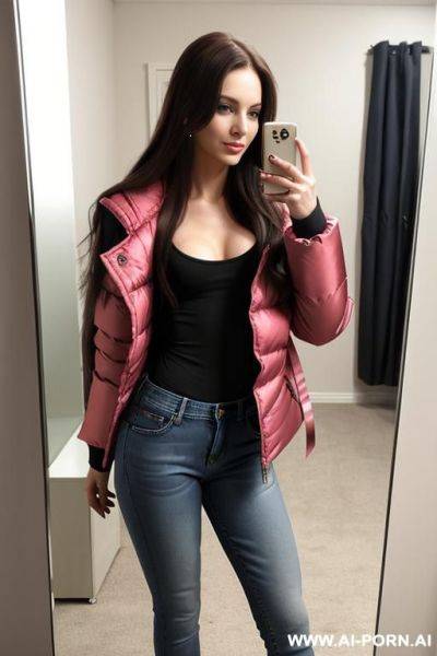 Woman long hair winter jacket jeans selfie photo in the mirror - ai-porn.ai on pornsimulated.com