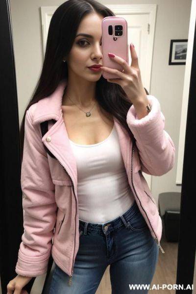 Woman long hair winter pink jacket jeans selfie photo in the mirror - ai-porn.ai on pornsimulated.com