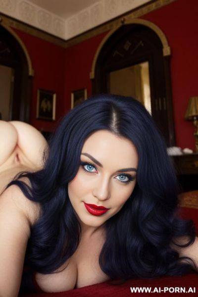 Red glitter lipstick, very long hair, white gorgeous cacked woman , round soft face , sexy pretty body, wearing shoulder-off royal-blue wool nightgown - ai-porn.ai on pornsimulated.com