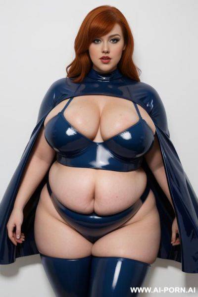 A obese fat heavy ruberdoll with gigantic huge boobs, ginger hair, total enclosure in blue latex catsuit and white latex cape. - ai-porn.ai on pornsimulated.com