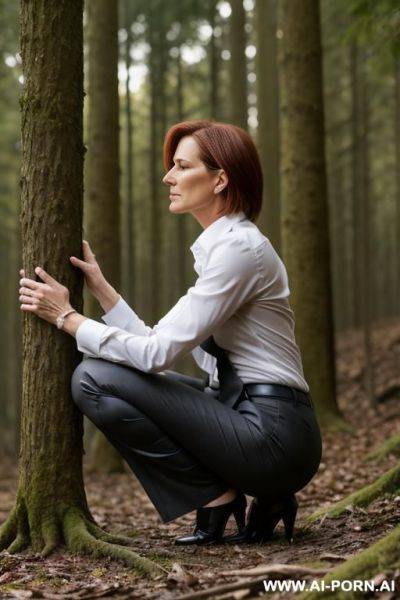 Slender german woman, shirt pants, pointy chin, squatting in forest, spread legs, side-view - ai-porn.ai - Germany on pornsimulated.com