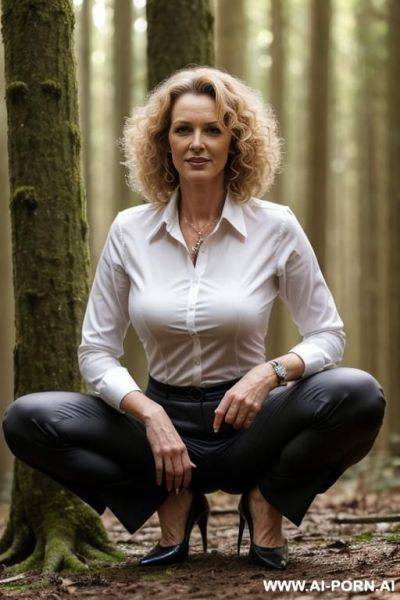 Slender german woman, shirt pants, pointy chin, curls, squatting in forest, spread legs, - ai-porn.ai - Germany on pornsimulated.com