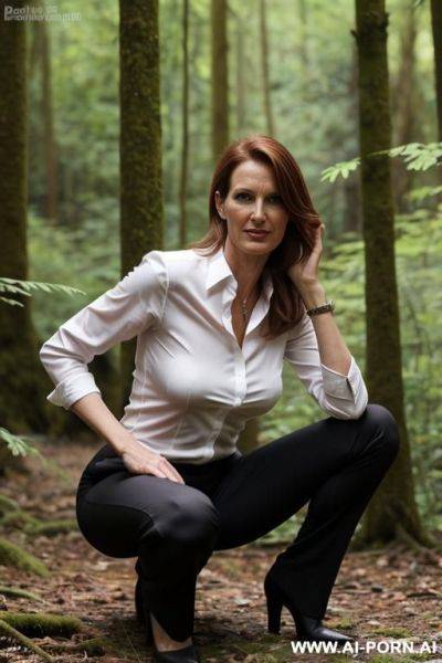 Slender german woman, shirt pants, pointy chin, squatting in forest, spread legs, - ai-porn.ai - Germany on pornsimulated.com