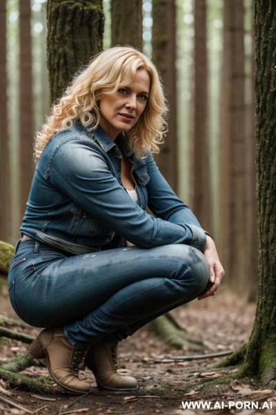 German woman, blonde, jeans, edgy chin, curls, squatting in forest, open feet - ai-porn.ai - Germany on pornsimulated.com