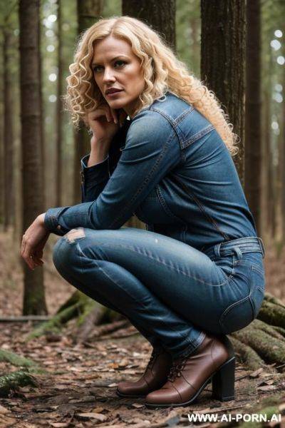 German woman, blonde, jeans, edgy chin, curls, squatting in forest, feet apart - ai-porn.ai - Germany on pornsimulated.com