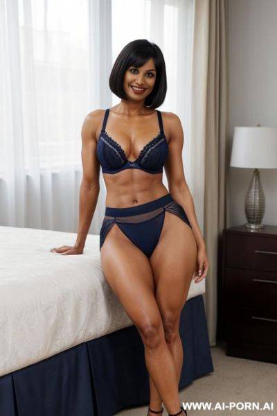 Indian, fit, abs, muscular arms, big ass, tall, long legs, navel piercing, navy blue noodle bra, navy blue pleat skirt, looking at camera, full body, stiletto, in bedroom, sitting, legs open - ai-porn.ai - India on pornsimulated.com