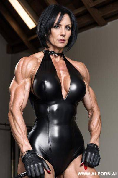 Milf, muscular, veins, vascular, biceps vein, forearm veins, fetish clothes, riding crop, no gloves, no sleeves, mid-length hair, domina, dominating, discipline, fetish, chains - ai-porn.ai on pornsimulated.com