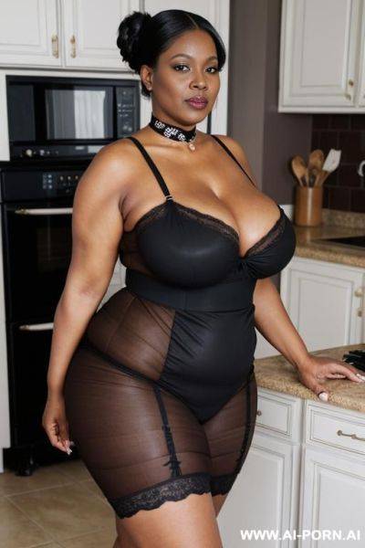 Obese matured very old black gilf, very fat, very large hips, very plump, extra thicc, wrinkles, wrinkled skin, aging marks, hair bun, french maid outfit, french maid, maid, soubrette, extremely gigantic boobs, choker, perfect eyes, kitchen, waist shot - ai-porn.ai - France on pornsimulated.com