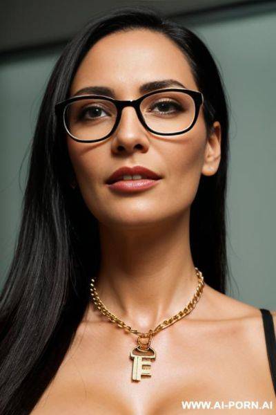 Face of a 3-40 woman, glasses, key hanging from neck on chain - ai-porn.ai on pornsimulated.com
