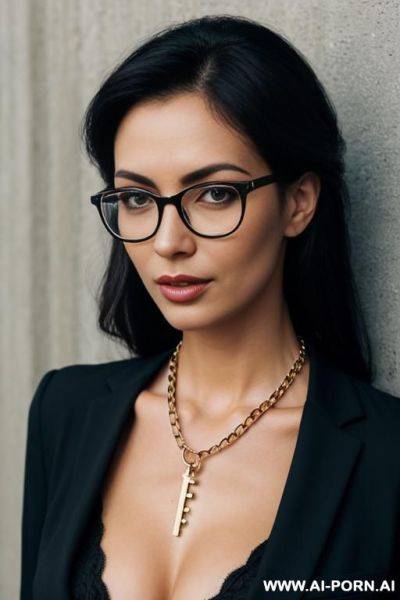 Face of a 3-0 woman, glasses, key hanging from neck on chain - ai-porn.ai on pornsimulated.com