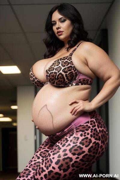 Bbw, thick thighs, massive thighs, massive breasts, massive ass, pink leopard print leggings, pregnant, sports bra - ai-porn.ai on pornsimulated.com