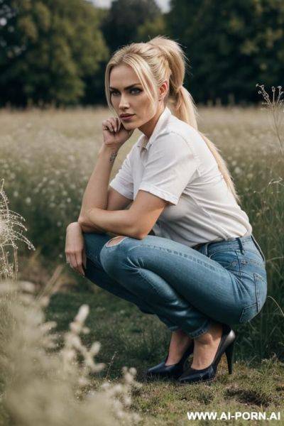 German woman jeans blonde, ponytail squatting in weeds, edgy chin, open legs - ai-porn.ai - Germany on pornsimulated.com