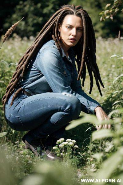 German woman jeans dreadlocks squatting in weeds - ai-porn.ai - Germany on pornsimulated.com