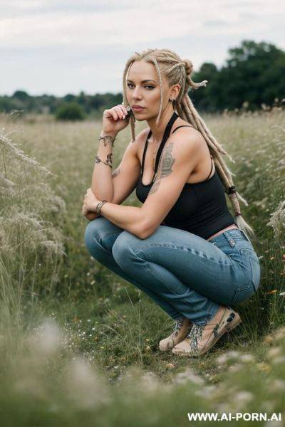 German woman jeans blonde dreadlocks, ponytail squatting in weeds, edgy chin, open legs - ai-porn.ai - Germany on pornsimulated.com