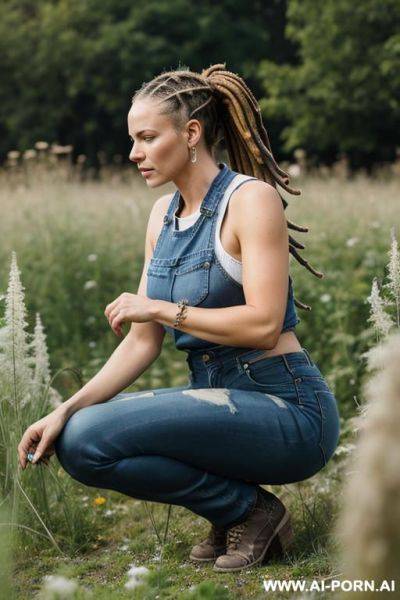 German woman jeans dreadlocks, ponytail squatting in weeds, edgy chin - ai-porn.ai - Germany on pornsimulated.com