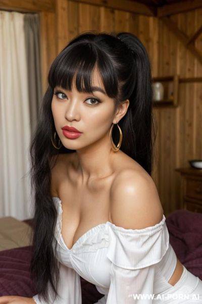 (((african+asian mixed race))) (hair accessory) (ahegao) (flowing hair) (((extremely beautiful))) (((full lips))) (shaped eyebrows) (submissive) (hoop earrings) (((hourglass figure))) ((very pretty clean face)) (sexy pose) - ai-porn.ai on pornsimulated.com