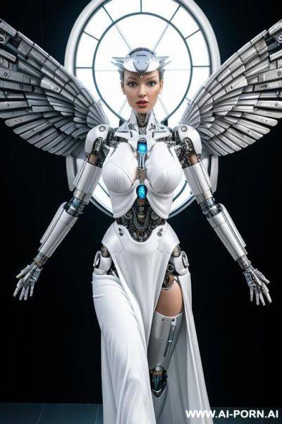 Detailed real cyborg robot angel with no hands , in celestial paradise, with a loose white dress - ai-porn.ai on pornsimulated.com