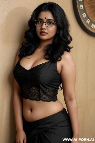 Big eyes, saree, skin, , beautiful, indian woman, navel, flashing navel, round glasses, chubby, background ((wall)) - ai-porn.ai - India on pornsimulated.com