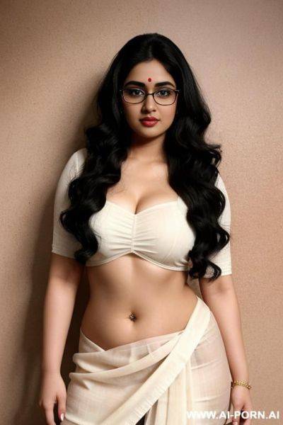 Big eyes, round face, saree, pale skin, cute, beautiful, indian woman, navel, flashing navel, round glasses, chubby, background ((wall)) - ai-porn.ai - India on pornsimulated.com
