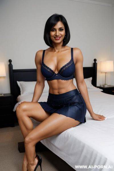 Indian, fit, abs, muscular arms, big ass, tall, long legs, navel piercing, navy blue noodle bra, navy blue pleat skirt, looking at camera, full body, stiletto, in bedroom, sitting, legs open - ai-porn.ai - India on pornsimulated.com