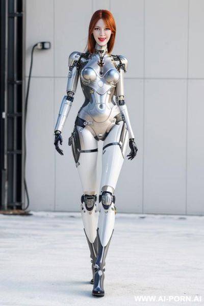 Realistic beautiful cyborg robot woman completely made of latex wa white long legs with boots. - ai-porn.ai on pornsimulated.com