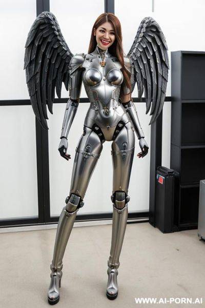 Realistic beautiful angel cyborg robot woman completely made of metal with long legs with boots. - ai-porn.ai on pornsimulated.com