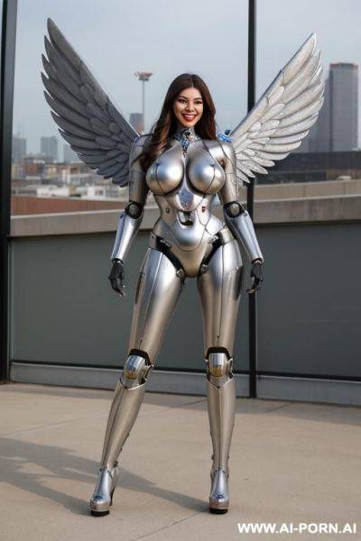Realistic beautiful angel cyborg robot woman big boobs completely made of metal with long legs with boots. - ai-porn.ai on pornsimulated.com