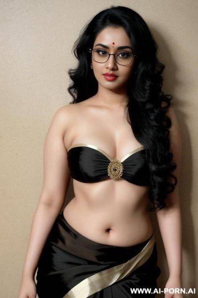 Pale skin, cute, beautiful, indian woman, flashing navel, round glasses, chubby, saree, background ((wall)) - ai-porn.ai - India on pornsimulated.com