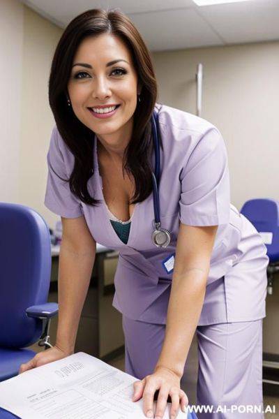 (nurse) (scrubs) (close up) (smiling) (bending down) (exam room) - ai-porn.ai on pornsimulated.com