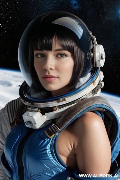 _topless space suit, snowy mountain, bangles, short bob hair, messy blue hair, huge breast, carrying a space helmet, nordic scenery, - ai-porn.ai on pornsimulated.com